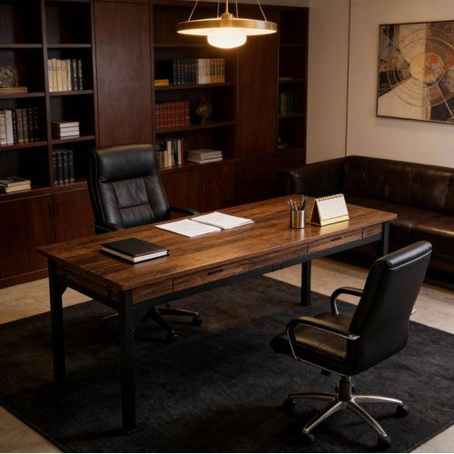 Bureau Double Avec 2 Tiroirs 200 X 60 X 82 Cm Noir Et Brun Rustique