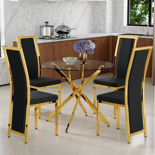 Ensemble Table À Manger Ronde 88 Cm Et 4 Chaises Noir, Doré Et ...