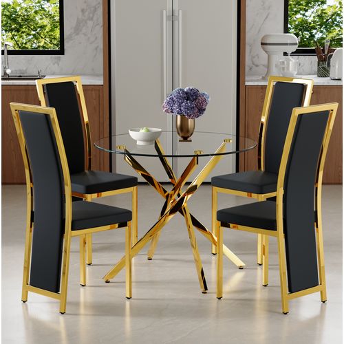 Ensemble Table À Manger Ronde 88 Cm Et 4 Chaises Noir, Doré Et ...