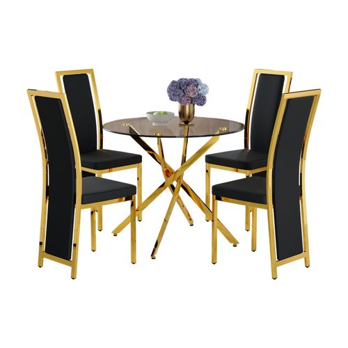 Ensemble Table À Manger Ronde 88 Cm Et 4 Chaises Noir, Doré Et ...