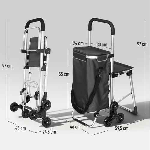 Chariot De Courses 40 L Avec Siège, 3 Roues, Gris Foncé