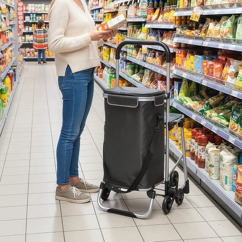 Chariot De Courses 40 L Avec Siège, 3 Roues, Gris Foncé