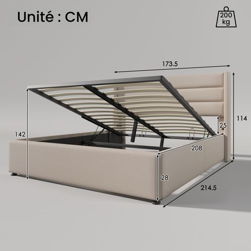 Lit Coffre 160×200 Cm Avec Tête De Lit Rembourrée Et Sommier Relevable, Lin Beige