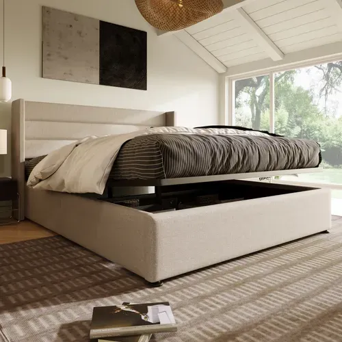 Lit Coffre 160×200 Cm Avec Tête De Lit Rembourrée Et Sommier Relevable, Lin Beige