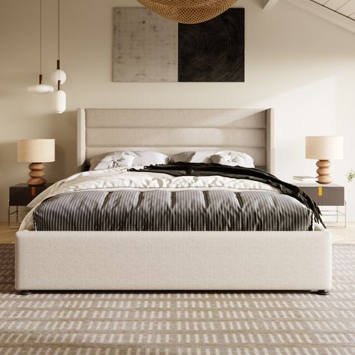 Lit Coffre 160×200 Cm Avec Tête De Lit Rembourrée Et Sommier Relevable, Lin Beige