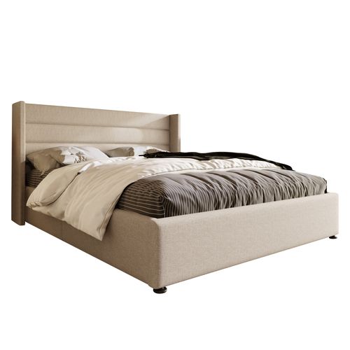 Lit Coffre 160×200 Cm Avec Tête De Lit Rembourrée Et Sommier Relevable, Lin Beige