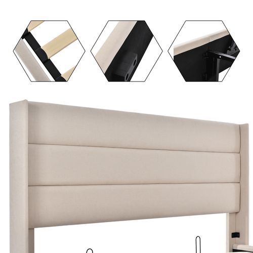 Lit Coffre 160×200 Cm Avec Tête De Lit Rembourrée Et Sommier Relevable, Lin Beige