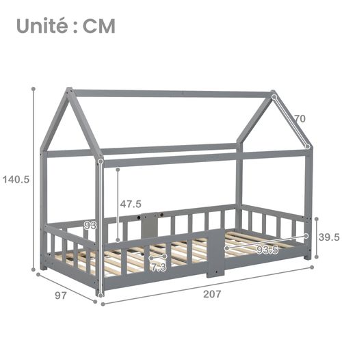 Lit Cabane Enfant 90 × 200 Cm Avec Barrière, Tableau Et Sommier à Lattes, Bois Gris