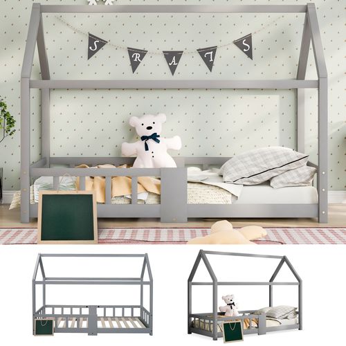Lit Cabane Enfant 90 × 200 Cm Avec Barrière, Tableau Et Sommier à Lattes, Bois Gris