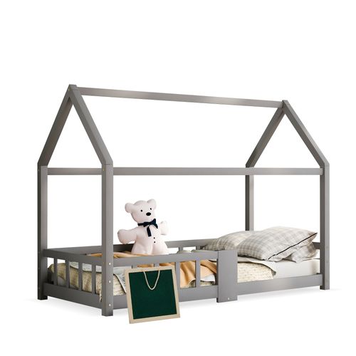 Lit Cabane Enfant 90 × 200 Cm Avec Barrière, Tableau Et Sommier à Lattes, Bois Gris