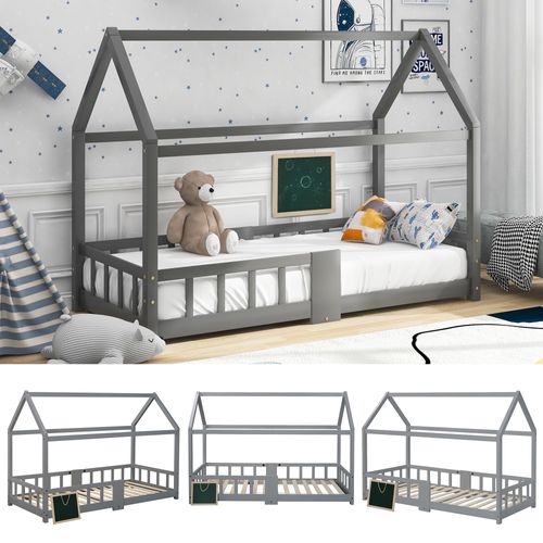 Lit Cabane Enfant 90 × 200 Cm Avec Barrière, Tableau Et Sommier à Lattes, Bois Gris