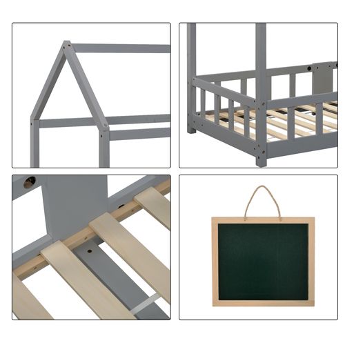 Lit Cabane Enfant 90 × 200 Cm Avec Barrière, Tableau Et Sommier à Lattes, Bois Gris