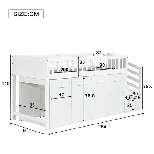 Lit Superposé 90 X 200 Cm Avec Bureau Coulissant, Rangements Et Armoires, Bois Blanc