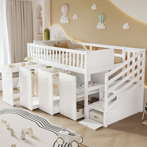 Lit Superposé 90 X 200 Cm Avec Bureau Coulissant, Rangements Et Armoires, Bois Blanc