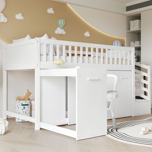 Lit Superposé 90 X 200 Cm Avec Bureau Coulissant, Rangements Et Armoires, Bois Blanc