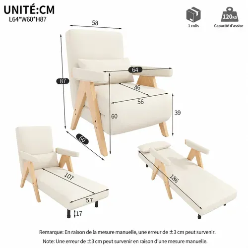 Fauteuil Convertible - Dossier Réglable 6 Positions Et Coussin - Lin - Beige
