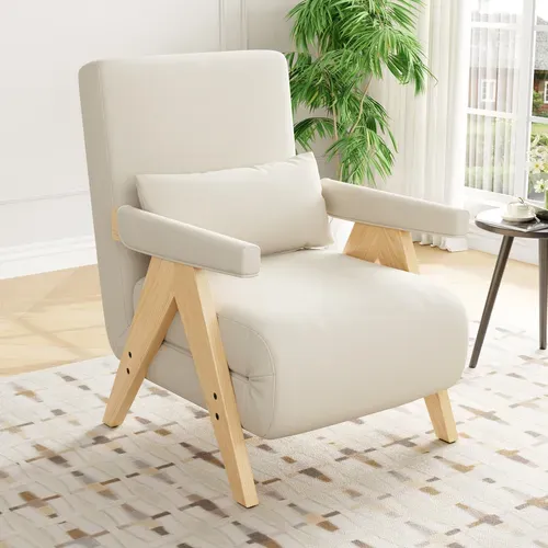 Fauteuil Convertible - Dossier Réglable 6 Positions Et Coussin - Lin - Beige