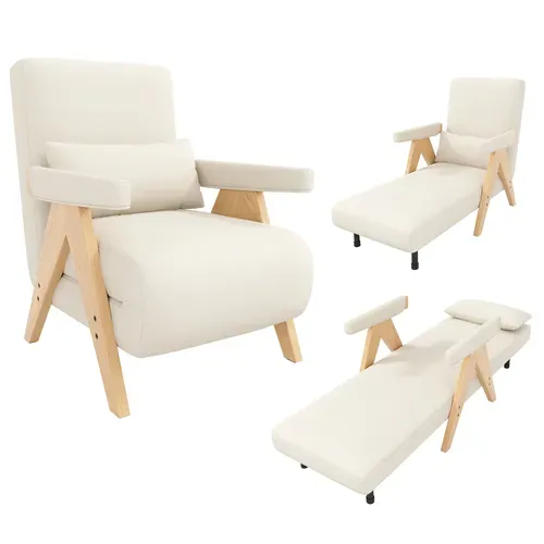 Fauteuil Convertible - Dossier Réglable 6 Positions Et Coussin - Lin - Beige