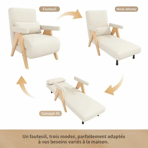 Fauteuil Convertible - Dossier Réglable 6 Positions Et Coussin - Lin - Beige