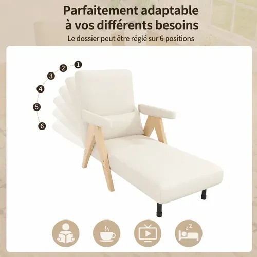 Fauteuil Convertible - Dossier Réglable 6 Positions Et Coussin - Lin - Beige