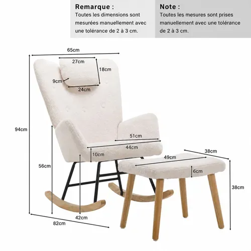 Rocking-chair Avec Pouf - Appuie-tête Intégré - Tissu - Blanc - 65 X 82 X 94 Cm