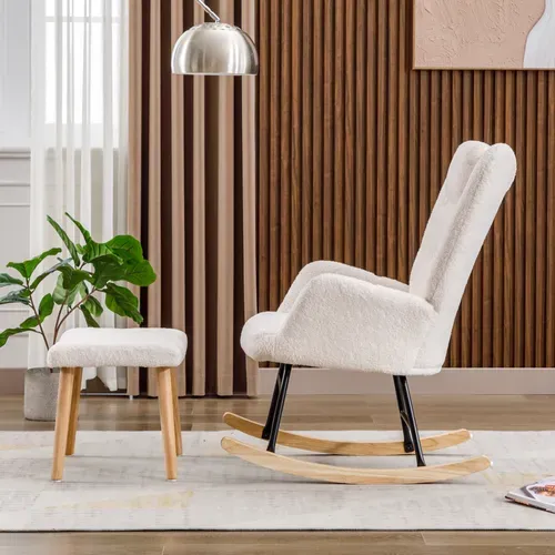 Rocking-chair Avec Pouf - Appuie-tête Intégré - Tissu - Blanc - 65 X 82 X 94 Cm