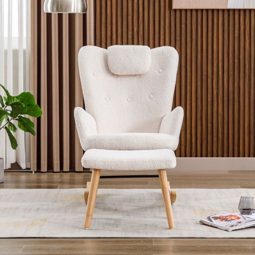 Rocking-chair Avec Pouf - Appuie-tête Intégré - Tissu - Blanc - 65 X 82 X 94 Cm