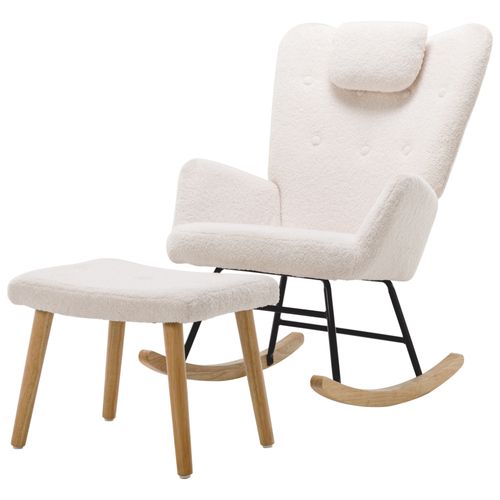 Rocking-chair Avec Pouf - Appuie-tête Intégré - Tissu - Blanc - 65 X 82 X 94 Cm