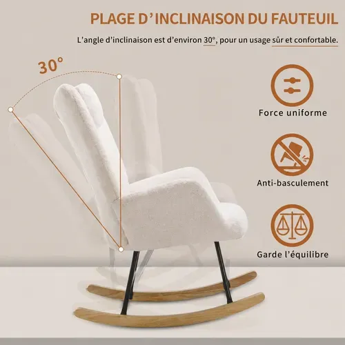 Rocking-chair Avec Pouf - Appuie-tête Intégré - Tissu - Blanc - 65 X 82 X 94 Cm