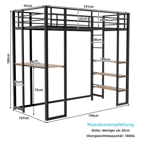Lit Mezzanine 90×190 Cm Avec Bureau, échelle Réversible Et Garde-corps, Fer, Noir