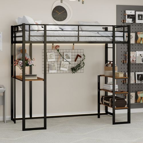 Lit Mezzanine 90×190 Cm Avec Bureau, échelle Réversible Et Garde-corps, Fer, Noir