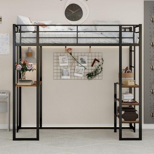 Lit Mezzanine 90×190 Cm Avec Bureau, échelle Réversible Et Garde-corps, Fer, Noir
