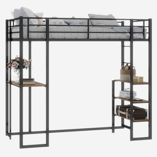 Lit Mezzanine 90×190 Cm Avec Bureau, échelle Réversible Et Garde-corps, Fer, Noir