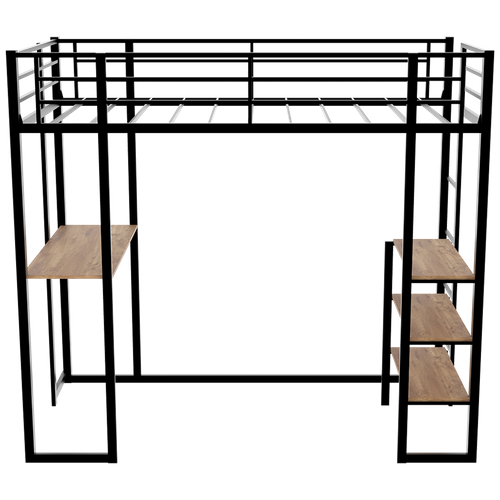 Lit Mezzanine 90×190 Cm Avec Bureau, échelle Réversible Et Garde-corps, Fer, Noir