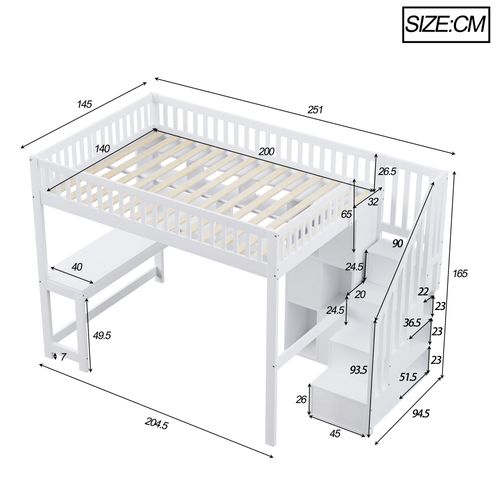 Lit Mezzanine 140 × 200 Cm Avec LED, échelle De Rangement, étagères Et Bureau, Bois Blanc