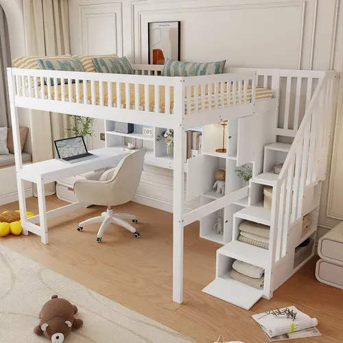 Lit Mezzanine 140 × 200 Cm Avec LED, échelle De Rangement, étagères Et Bureau, Bois Blanc
