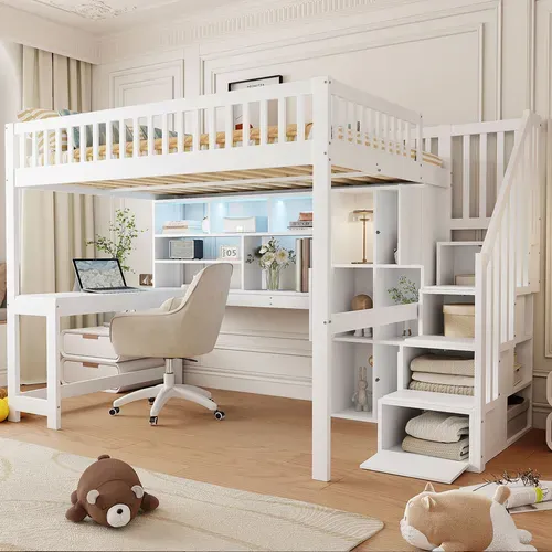 Lit Mezzanine 140 × 200 Cm Avec LED, échelle De Rangement, étagères Et Bureau, Bois Blanc