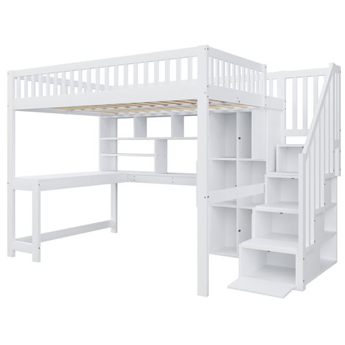 Lit Mezzanine 140 × 200 Cm Avec LED, échelle De Rangement, étagères Et Bureau, Bois Blanc