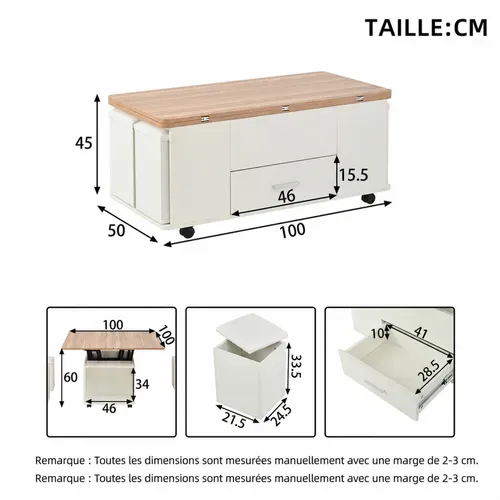 Table Basse Relevable Convertible 4-6 Personnes À Roulettes - 1 Tiroir - Blanc