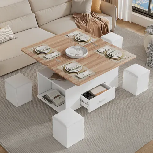 Table Basse Relevable Convertible 4-6 Personnes À Roulettes - 1 Tiroir - Blanc