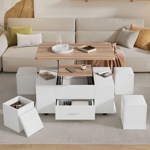 Table Basse Relevable Convertible 4-6 Personnes À Roulettes - 1 Tiroir - Blanc