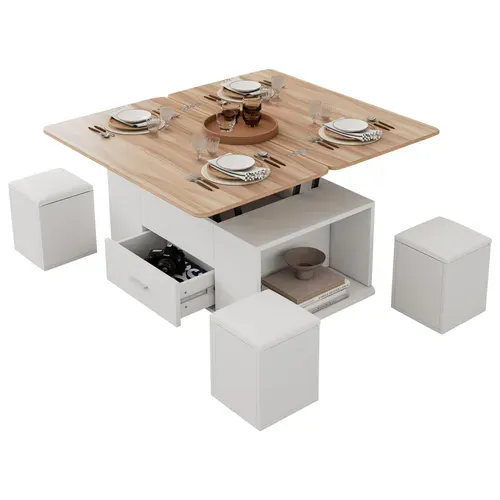 Table Basse Relevable Convertible 4-6 Personnes À Roulettes - 1 Tiroir - Blanc