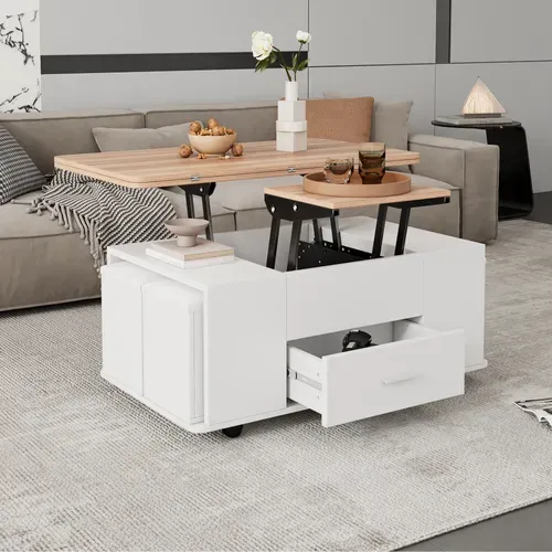 Table Basse Relevable Convertible 4-6 Personnes À Roulettes - 1 Tiroir - Blanc