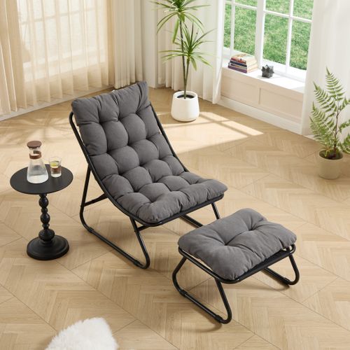 Fauteuil Avec Pouf D'extérieur - Structure En Acier - Coussin épais - Gris