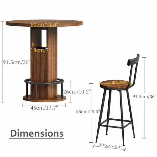 Table De Salle A Manger Ronde Avec 2 Tabourets - Rangement Integre - Noyer