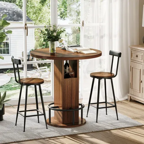 Table De Salle A Manger Ronde Avec 2 Tabourets - Rangement Integre - Noyer