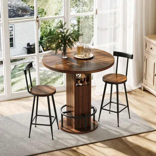 Table De Salle A Manger Ronde Avec 2 Tabourets - Rangement Integre - Noyer