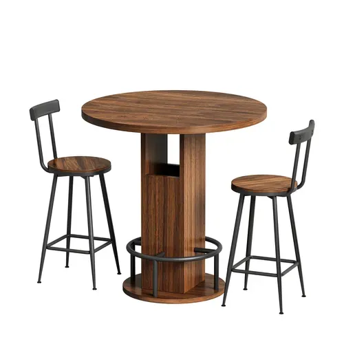 Table De Salle A Manger Ronde Avec 2 Tabourets - Rangement Integre - Noyer