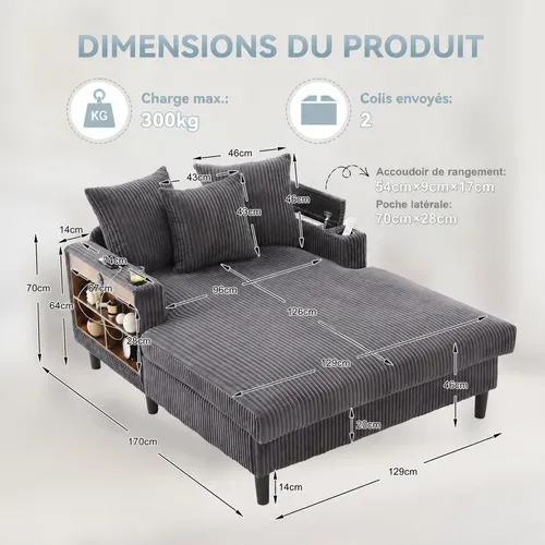 Méridienne Avec LED, USB, Rangement Et Porte-gobelets - Velours Côtelé - Gris Foncé