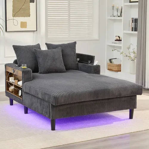 Méridienne Avec LED, USB, Rangement Et Porte-gobelets - Velours Côtelé - Gris Foncé